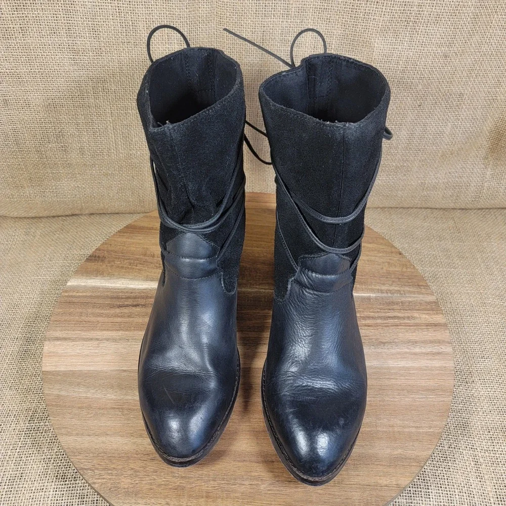 Anthropologie Latigo Ankle Boots Black Leather Suede Lace Up Accent Women Size 8